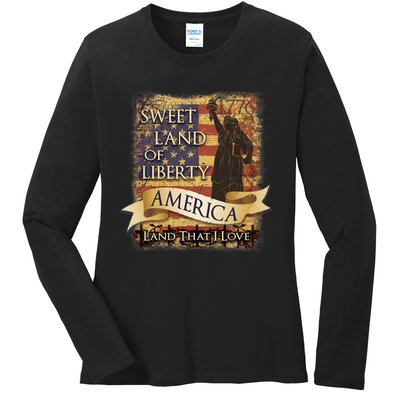 4th Of July America Sweet Land Of Liberty Patriotic Usa Flag Ladies Long Sleeve Shirt