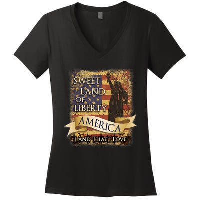 4th Of July America Sweet Land Of Liberty Patriotic Usa Flag Women's V-Neck T-Shirt