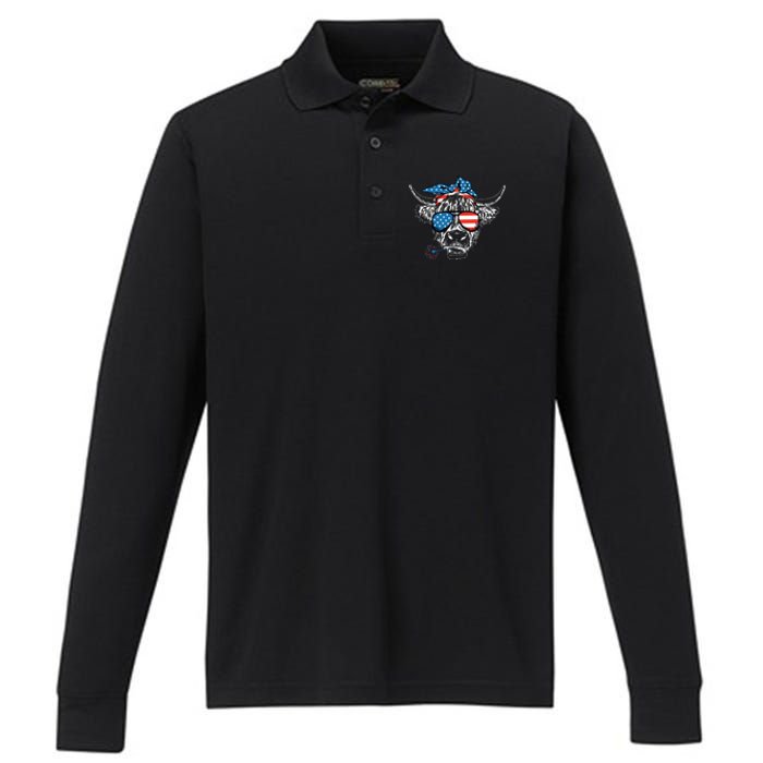 4th Of July Highland Cow Cow Lover Performance Long Sleeve Polo