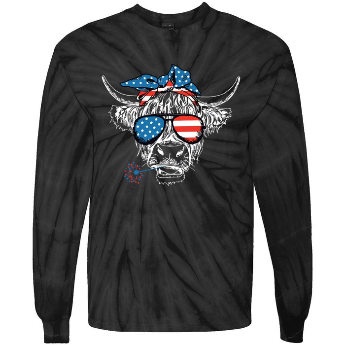 4th Of July Highland Cow Cow Lover Tie-Dye Long Sleeve Shirt