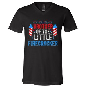 4th Of July Birthday Brother Of The Little Firecracker V-Neck T-Shirt