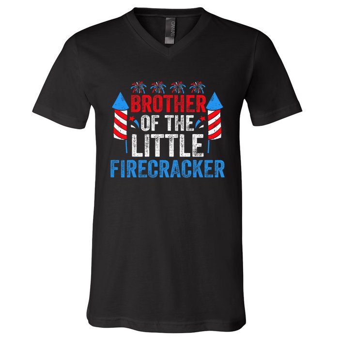 4th Of July Birthday Brother Of The Little Firecracker V-Neck T-Shirt