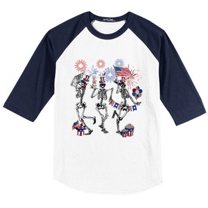 4th Of July Skellies Dancing Skeleton American Flag Great Gift Baseball Sleeve Shirt