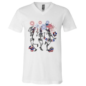 4th Of July Skellies Dancing Skeleton American Flag Great Gift V-Neck T-Shirt