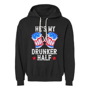 4th of July Matching Couple He's Is My Drunker Half Garment-Dyed Fleece Hoodie