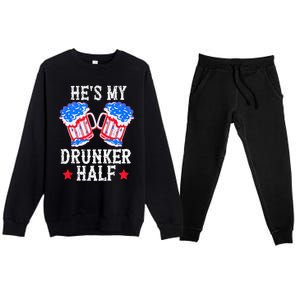 4th of July Matching Couple He's Is My Drunker Half Premium Crewneck Sweatsuit Set