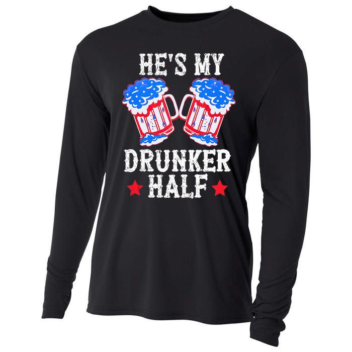 4th of July Matching Couple He's Is My Drunker Half Cooling Performance Long Sleeve Crew