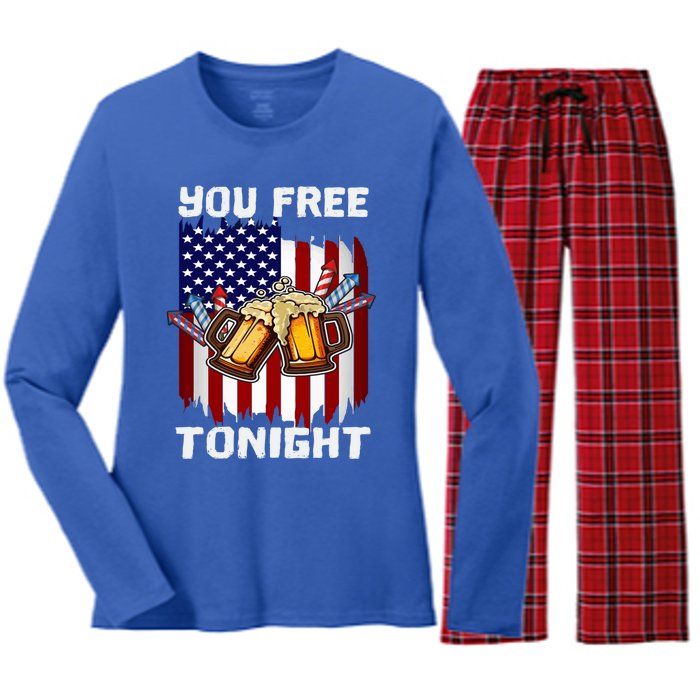 4th Of July Party You Free Tonight American Flag Usa Meaningful Gift Women's Long Sleeve Flannel Pajama Set 