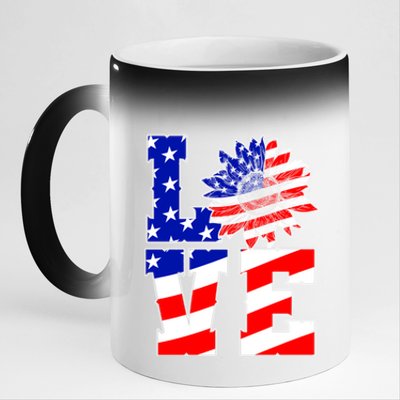 4th Of July Love Sunflower Patriotic America Flag Cool Gift 11oz Black Color Changing Mug