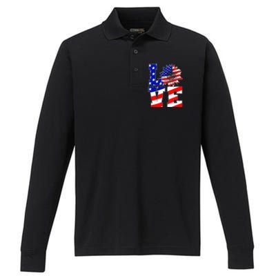 4th Of July Love Sunflower Patriotic America Flag Cool Gift Performance Long Sleeve Polo