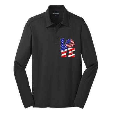 4th Of July Love Sunflower Patriotic America Flag Cool Gift Silk Touch Performance Long Sleeve Polo