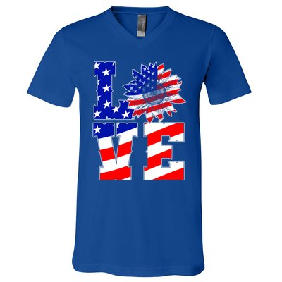 4th Of July Love Sunflower Patriotic America Flag Cool Gift V-Neck T-Shirt