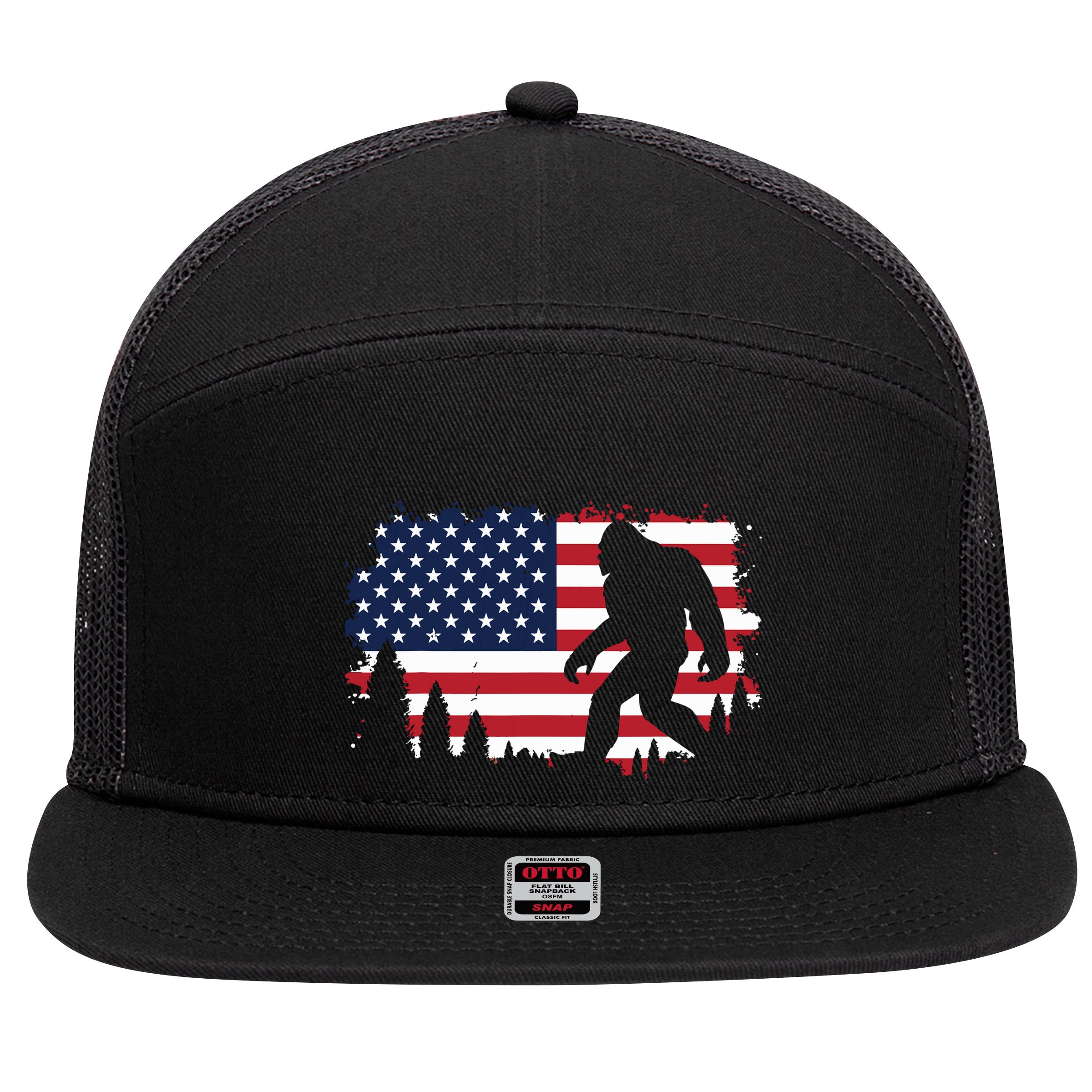 4th Of July Bigfoot Sasquatch Usa American Flag Boy 7 Panel Mesh Trucker Snapback Hat