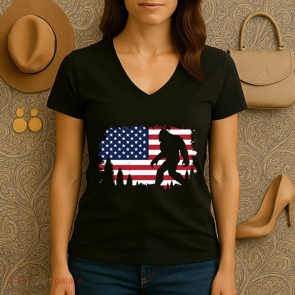 4th Of July Bigfoot Sasquatch Usa American Flag Boy Women's V-Neck T-Shirt