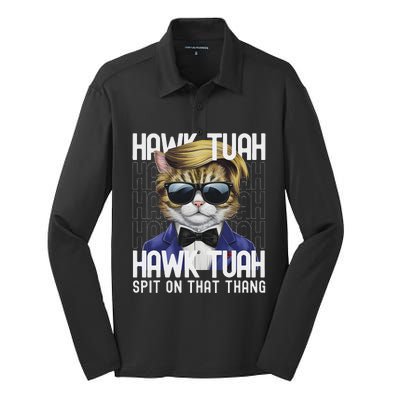 4th Of July Patriotic Cat Usa Hawk Tuah Spit On That Thing Silk Touch Performance Long Sleeve Polo