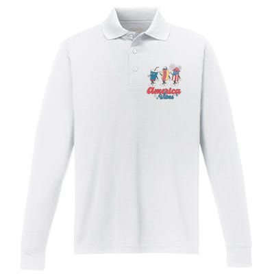 4th Of July America Vibes Hotdog Fireworks Food Retro Performance Long Sleeve Polo