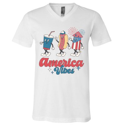 4th Of July America Vibes Hotdog Fireworks Food Retro V-Neck T-Shirt