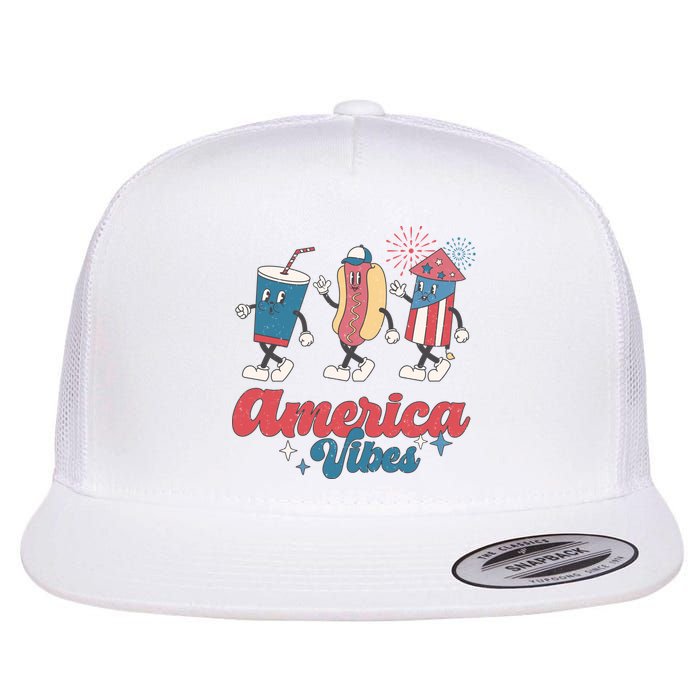 4th Of July America Vibes Hotdog Fireworks Food Retro Flat Bill Trucker Hat