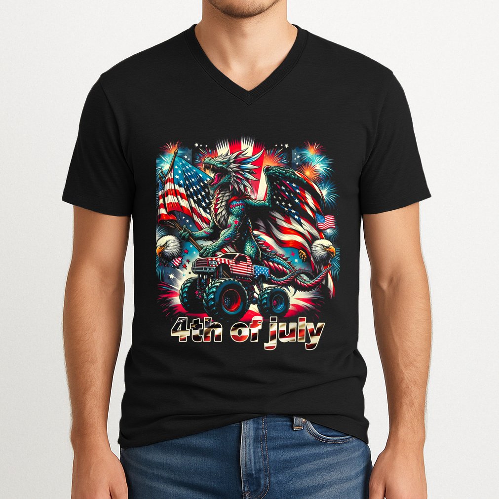 4th Of July Dragon Monster Truck Bald Eagle American Flag V-Neck T-Shirt