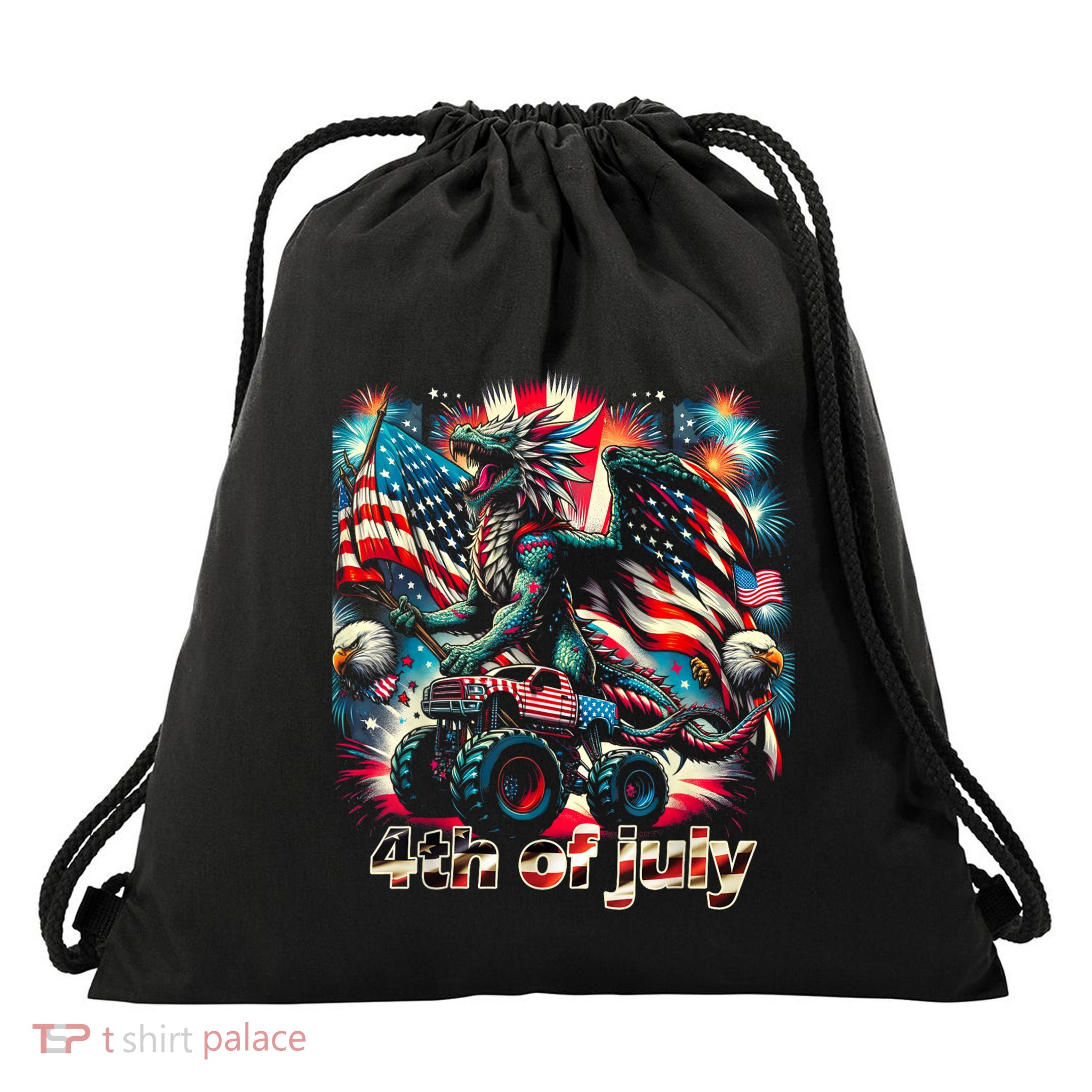 4th Of July Dragon Monster Truck Bald Eagle American Flag Drawstring Bag