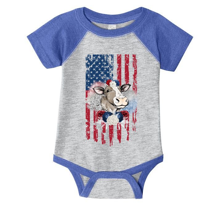 4th Of July Cow Great Gift Us American Flag Patriotic Heifer Cool Gift Infant Baby Jersey Bodysuit