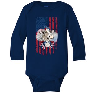 4th Of July Cow Great Gift Us American Flag Patriotic Heifer Cool Gift Baby Long Sleeve Bodysuit