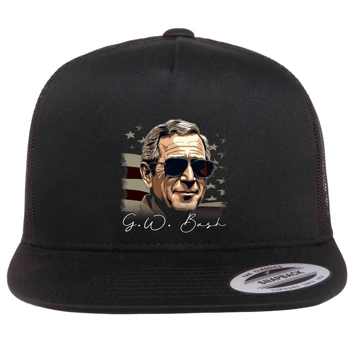 4th Of July George W. Bush President Portrait Patriotic Flat Bill Trucker Hat