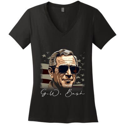 4th Of July George W. Bush President Portrait Patriotic Women's V-Neck T-Shirt
