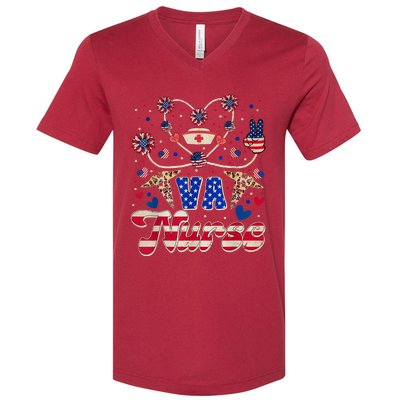 4th Of July Va Nurse American Flag Sunflower Stethoscope V-Neck T-Shirt