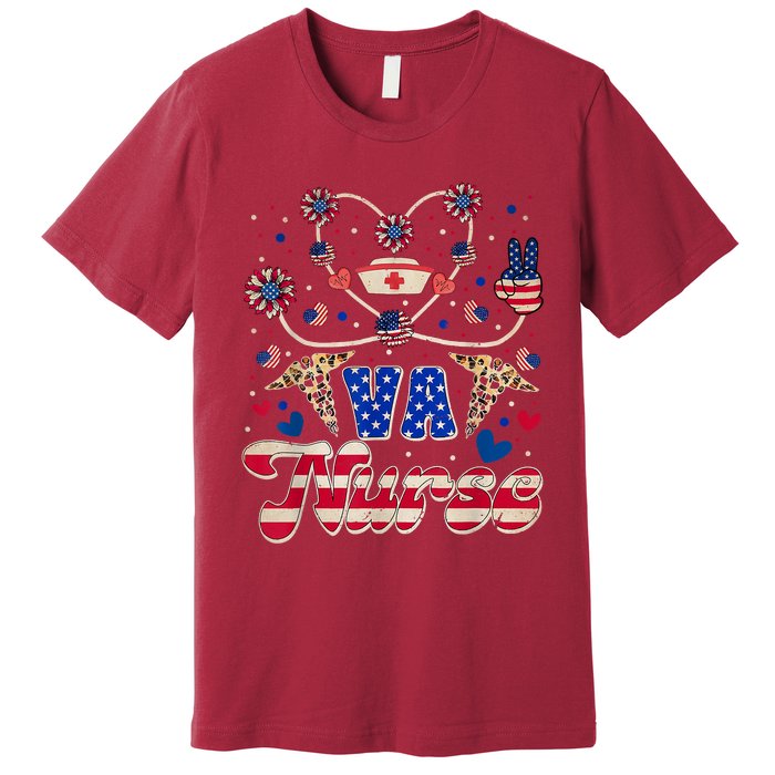 4th Of July Va Nurse American Flag Sunflower Stethoscope Premium T-Shirt