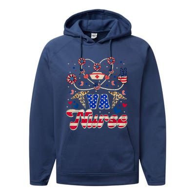 4th Of July Va Nurse American Flag Sunflower Stethoscope Performance Fleece Hoodie