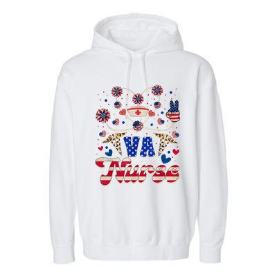 4th Of July Va Nurse American Flag Sunflower Stethoscope Garment-Dyed Fleece Hoodie