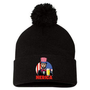 4th of July Merica Abe Lincoln Drinking Beer  BZR Pom Pom 12in Knit Beanie