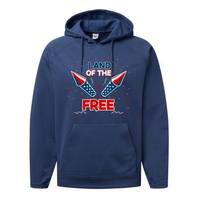 4h Of July Fireworks Patriotic American Land Of The Free Meaningful Gift Performance Fleece Hoodie