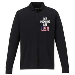 4th Of July Funny My Pronouns Are USA Performance Long Sleeve Polo