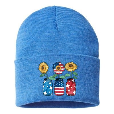 4th Of July America Sunflower Flag Independence Day Funny Gift Sustainable Knit Beanie