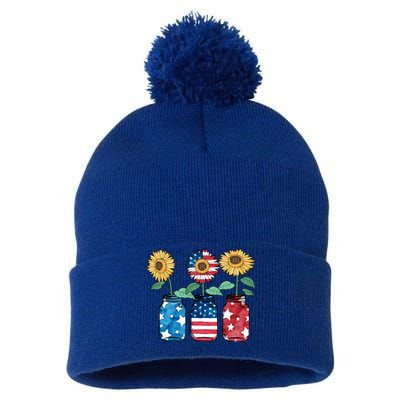 4th Of July America Sunflower Flag Independence Day Funny Gift Pom Pom 12in Knit Beanie