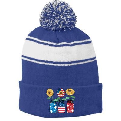 4th Of July America Sunflower Flag Independence Day Funny Gift Stripe Pom Pom Beanie