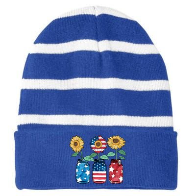 4th Of July America Sunflower Flag Independence Day Funny Gift Striped Beanie with Solid Band