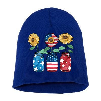 4th Of July America Sunflower Flag Independence Day Funny Gift Short Acrylic Beanie