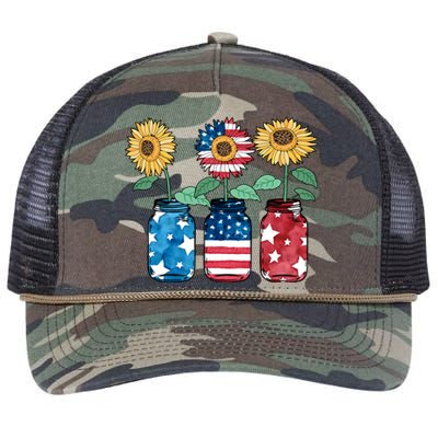 4th Of July America Sunflower Flag Independence Day Funny Gift Retro Rope Trucker Hat Cap