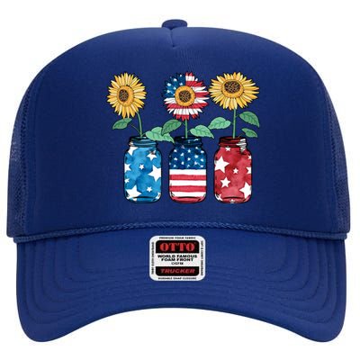 4th Of July America Sunflower Flag Independence Day Funny Gift High Crown Mesh Back Trucker Hat