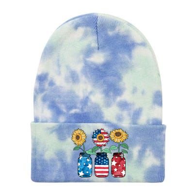 4th Of July America Sunflower Flag Independence Day Funny Gift Tie Dye 12in Knit Beanie