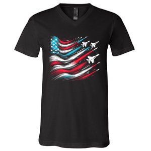 4th Of July Jet American Flag Patriotic Usa V-Neck T-Shirt