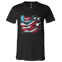 4th Of July Jet American Flag Patriotic Usa V-Neck T-Shirt