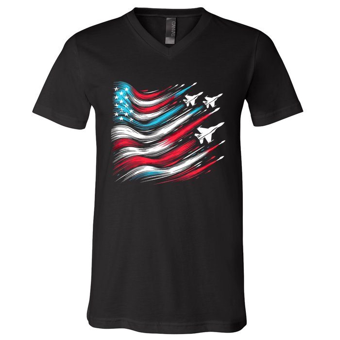 4th Of July Jet American Flag Patriotic Usa V-Neck T-Shirt