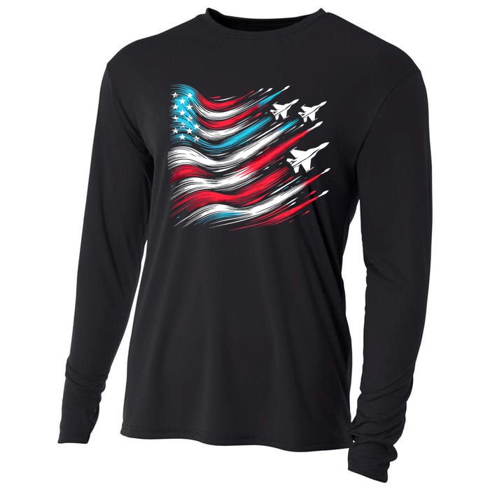 4th Of July Jet American Flag Patriotic Usa Cooling Performance Long Sleeve Crew