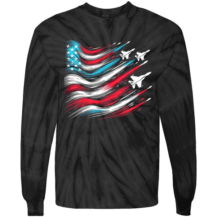 4th Of July Jet American Flag Patriotic Usa Tie-Dye Long Sleeve Shirt