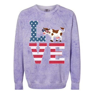 4th Of July Decor Patriotic Love Cow American Flag Cute Gift Colorblast Crewneck Sweatshirt