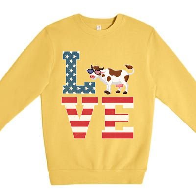 4th Of July Decor Patriotic Love Cow American Flag Cute Gift Premium Crewneck Sweatshirt